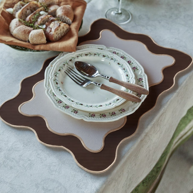 espresso brown scalloped hem placemats with plates