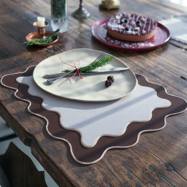 espresso brown scalloped hem placemats with plates