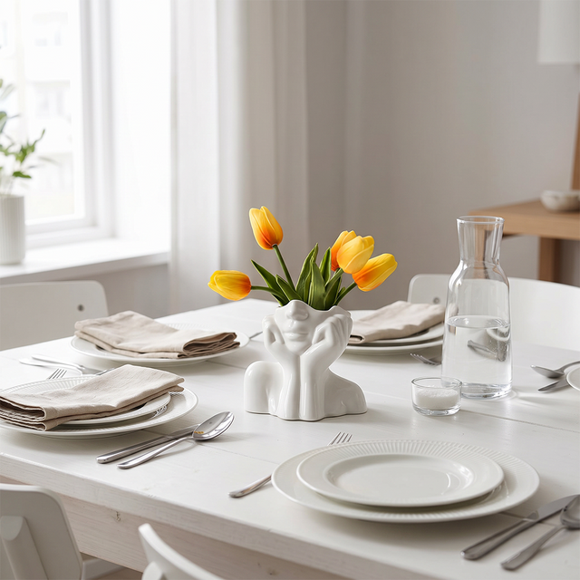face vase with tulips on white dining table
