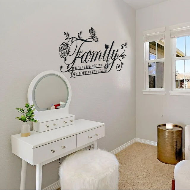 family sign wall art hanging above the vanity