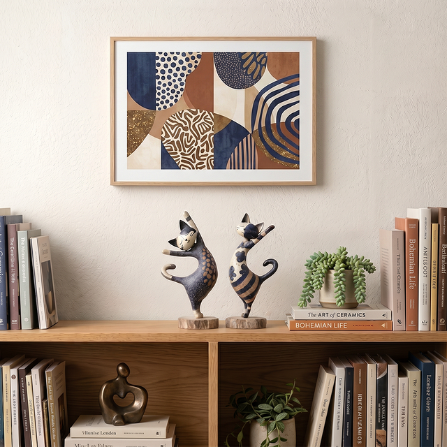 figurines standing cats on bookshelf painting