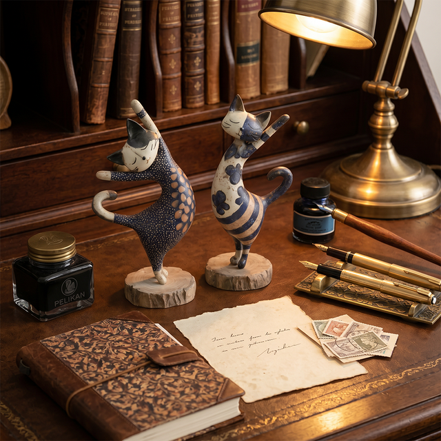 figurines standing cats on vintage desk letters