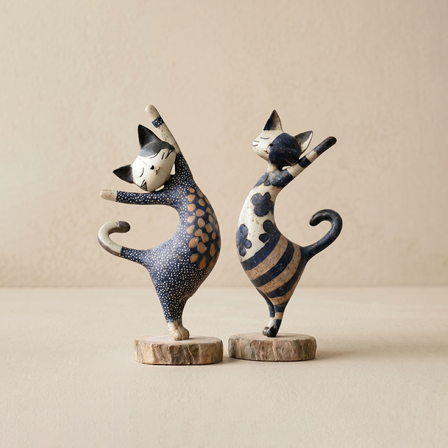 figurines two blue standing cats white background
