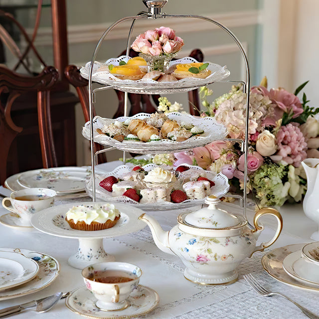 floral vine embossed ceramic serving cake stand with desserts