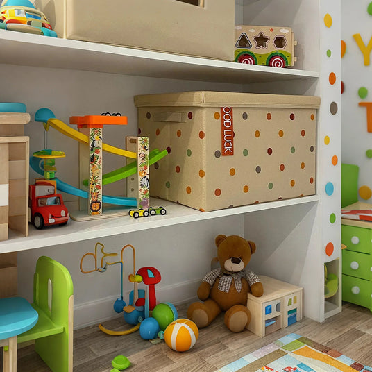 foldable colorful storage box with a lid in the cupboard