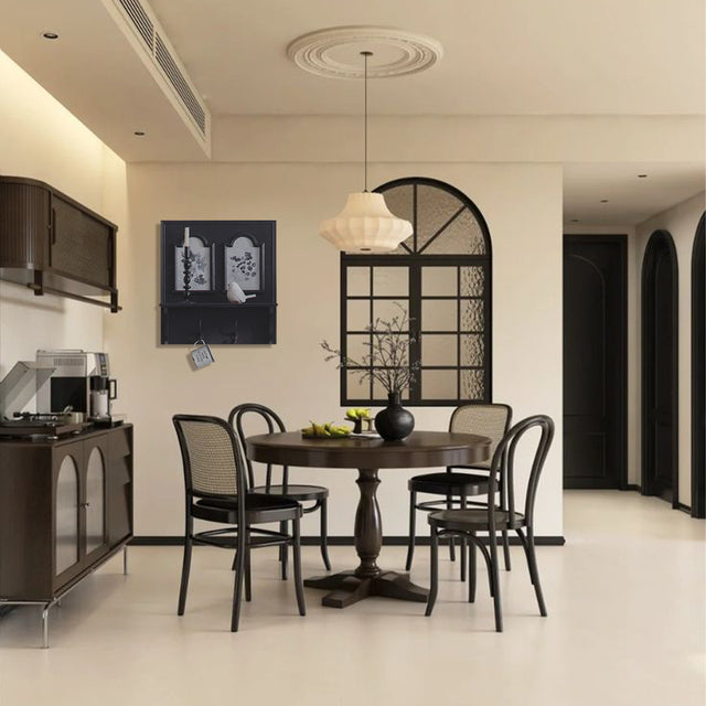 french vintage wooden black wine rack wall shelf in the dining room