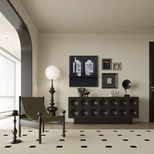 french vintage wooden black wine rack wall shelf in the living room