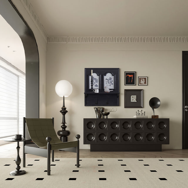 french vintage wooden black wine rack wall shelf in the living room