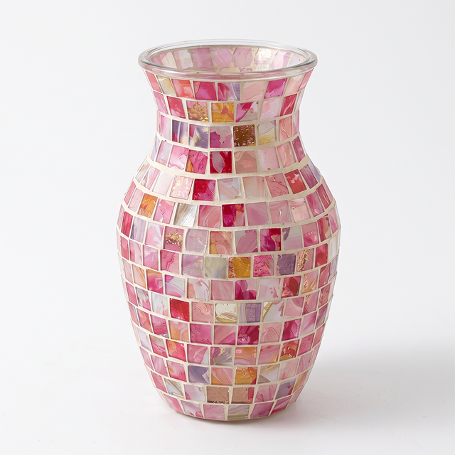 front view of pink mosaic glass vase