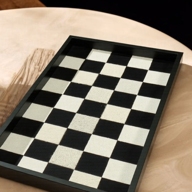genuine horsehair and leather chessboard patterned tray details
