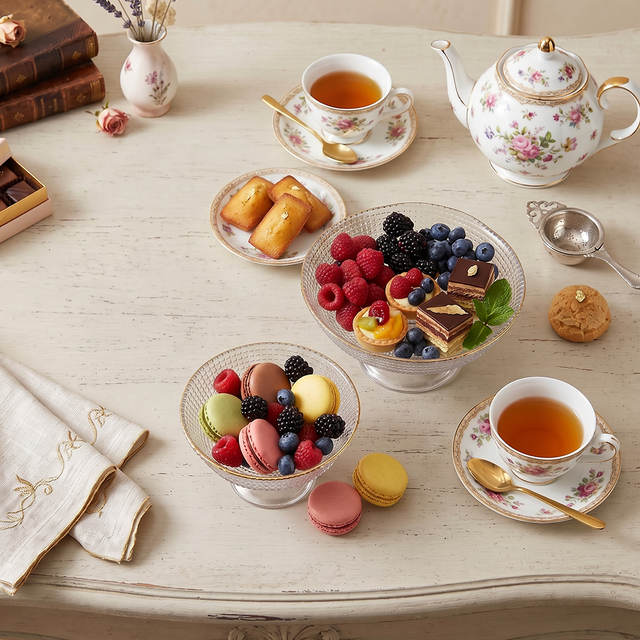glass bowl with desserts on table