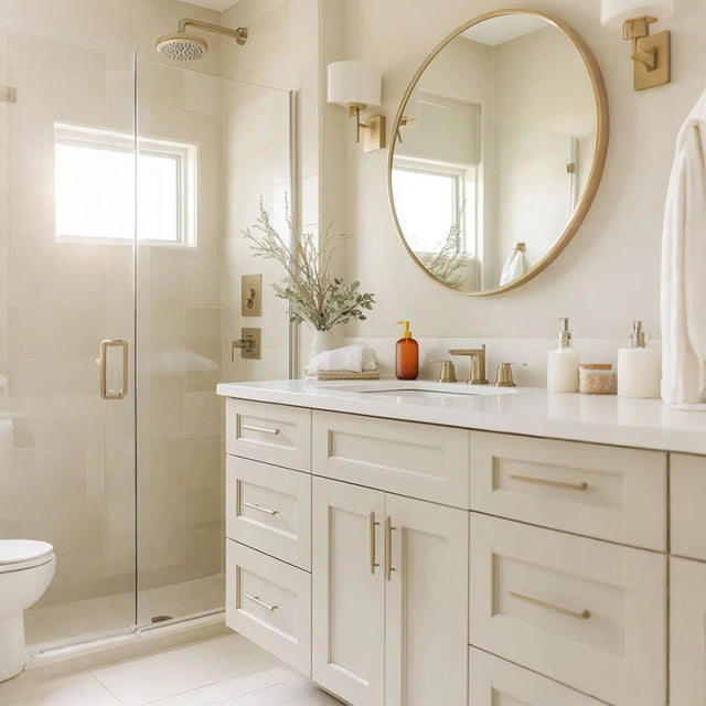 glass dispenser pump orange bottles in the bathroom