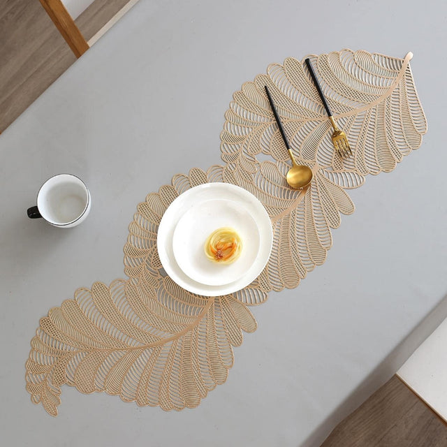 gold foil leaf cutout PVC placemat with food
