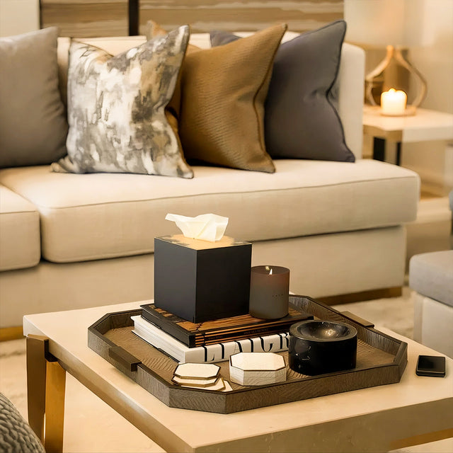 gold lacquer tissue box cover on the table