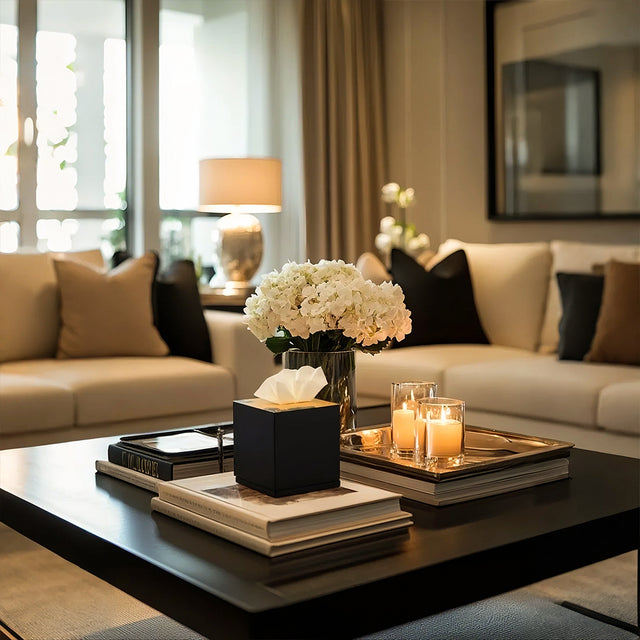 gold lacquer tissue box cover on the table