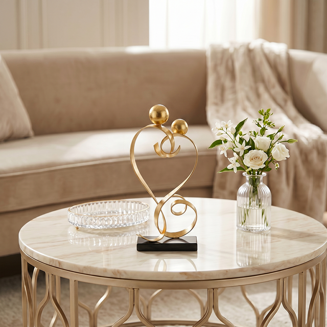 gold love sculpture on round coffee table