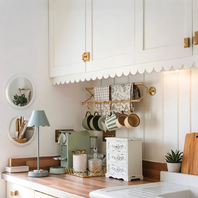 gold metal decorative tray on the kitchen counter