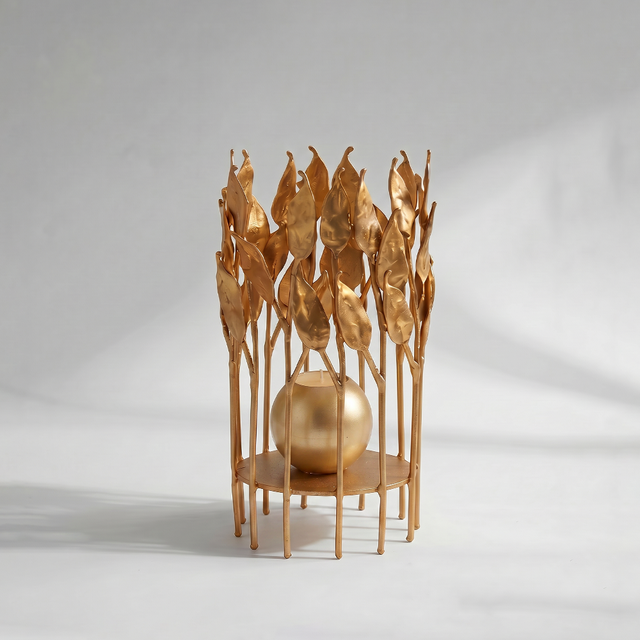 gold metal leaf cage candle holder with ball candle