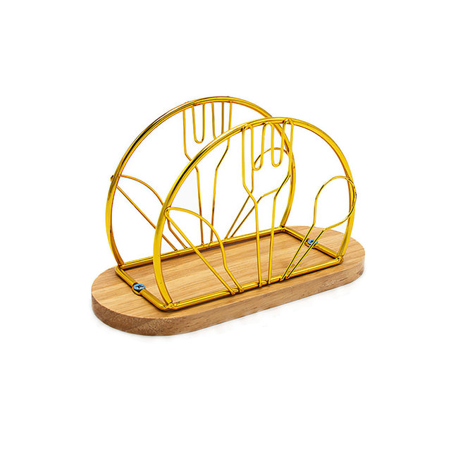 gold napkin holder with wood base