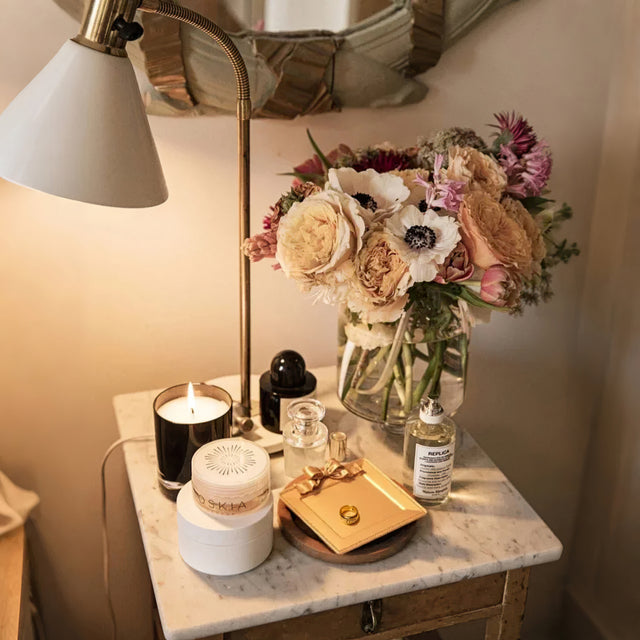 gold square resin tray in the light