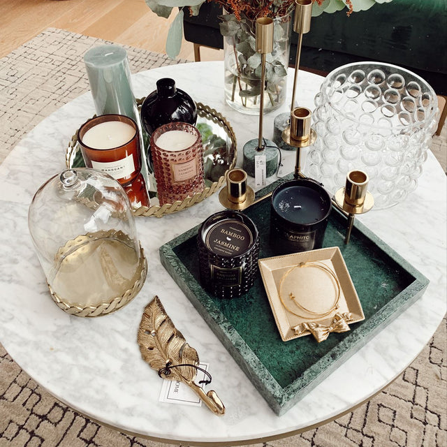 gold square resin tray in the living room