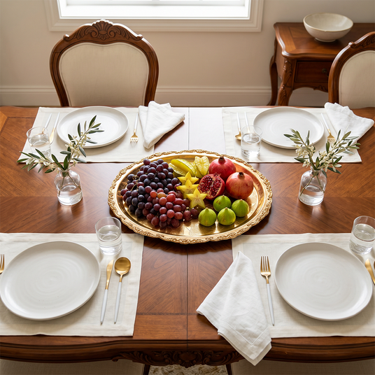 gold tray on dining table with fruit
