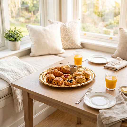 gold tray on window table with food