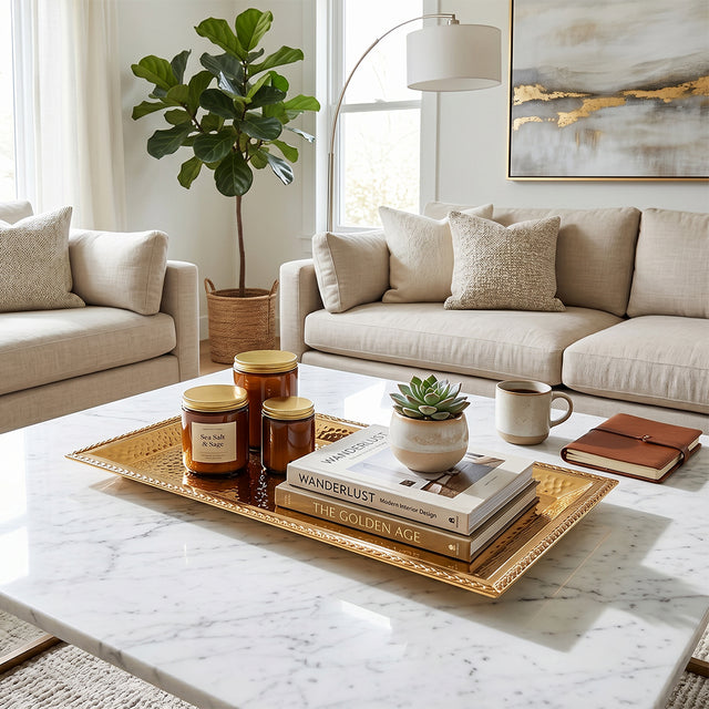 gold tray with coffee on coffee table