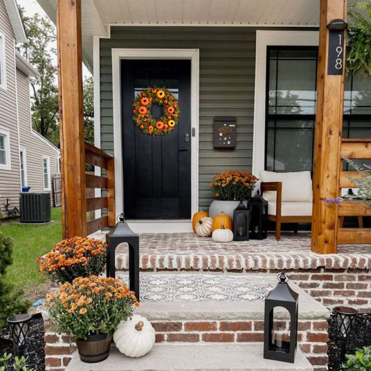 golden pumpkin harvest wreath as holloween decor