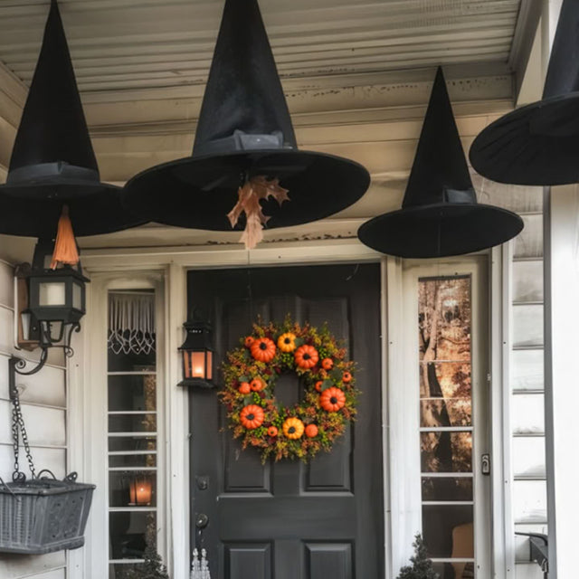golden pumpkin harvest wreath hang on black door