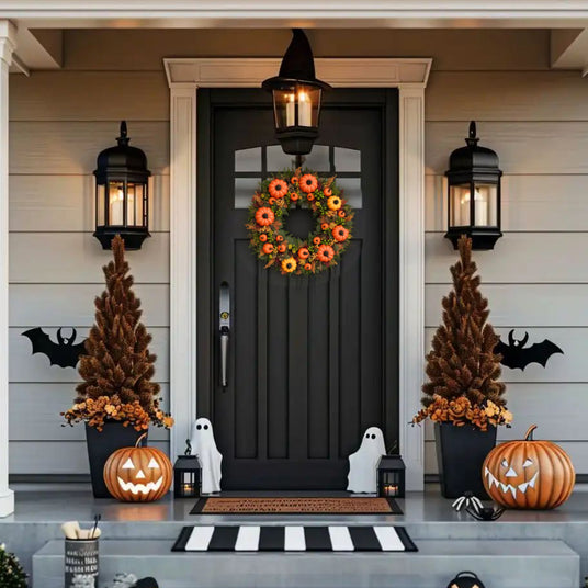 golden pumpkin harvest wreath hang on black door