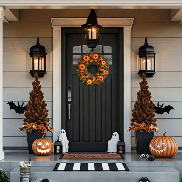 golden pumpkin harvest wreath hang on black door