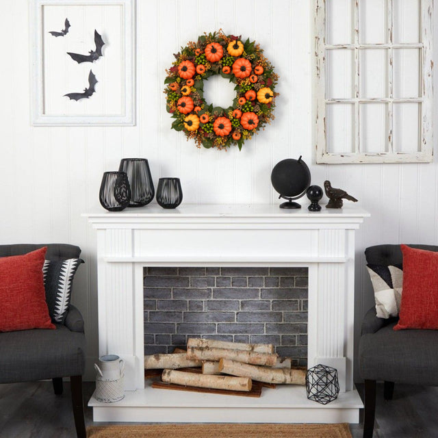 golden pumpkin harvest wreath hang on fireplace