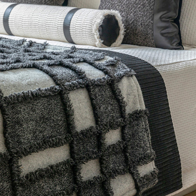 gray white checkered bed runner details