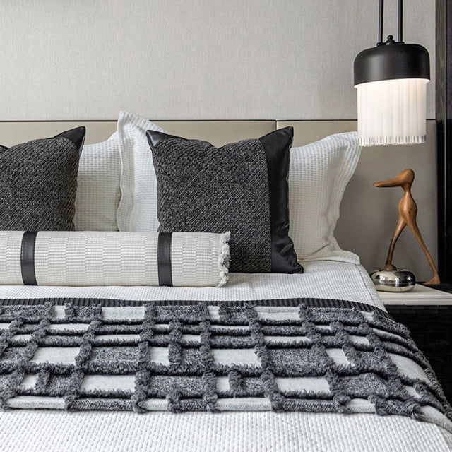 gray white checkered bed runner details