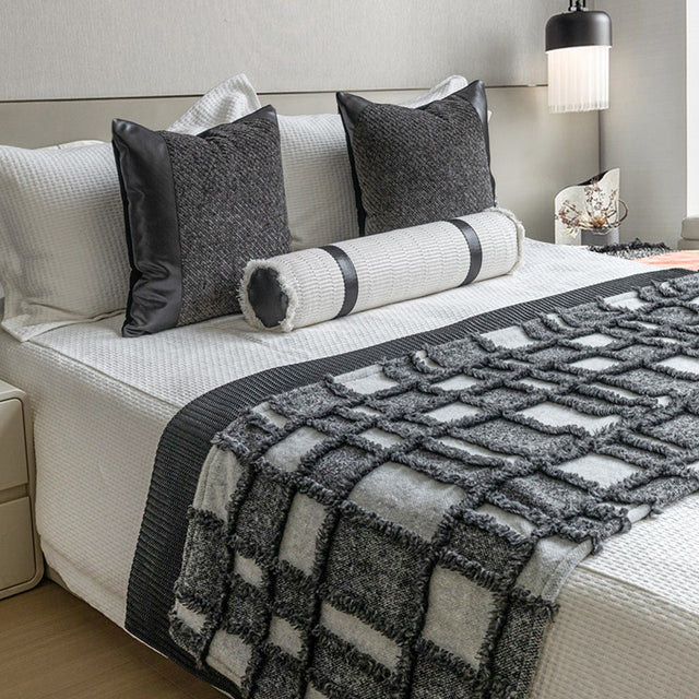 gray white checkered bed runner details