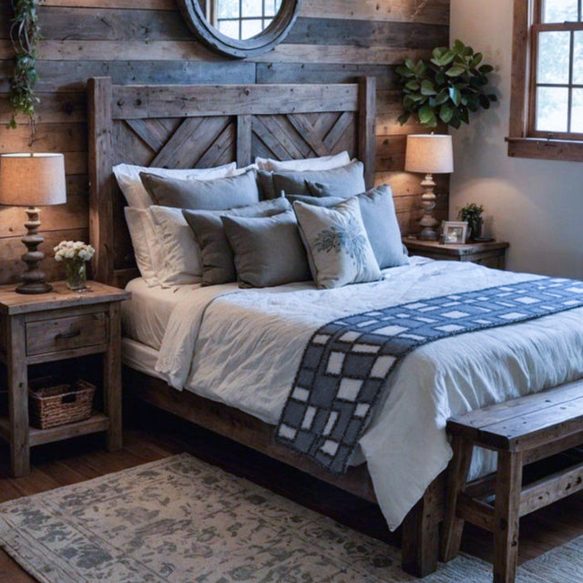 gray white checkered bed runner in the bedroom
