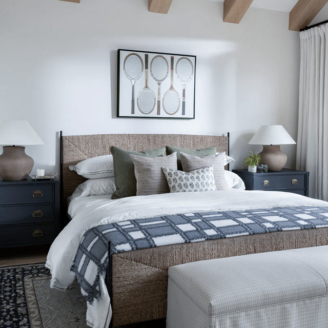 gray white checkered bed runner in the modern bedroom