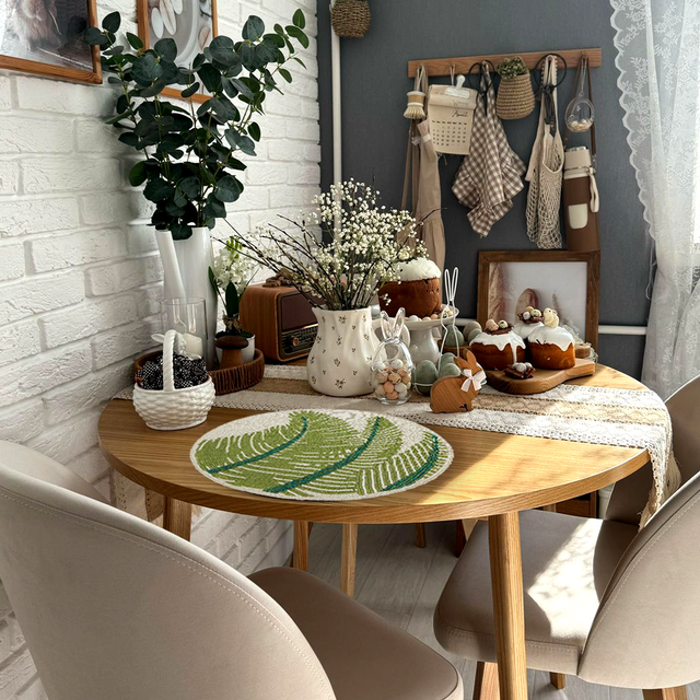 green round glass bead table mat on the table