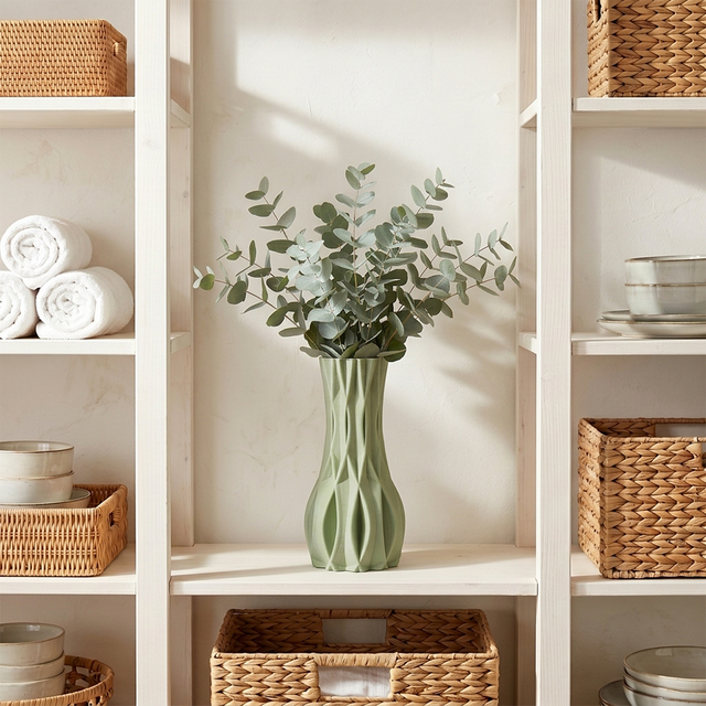 green vase with eucalyptus on white shelf