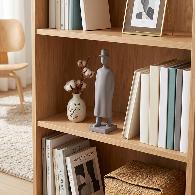 grey figurine with top hat on wooden shelf