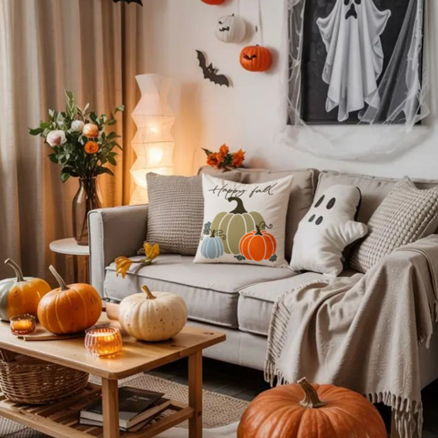 halloween hand-embroidered pumpkin pillowcase on beige sofa