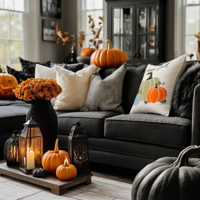 halloween hand-embroidered pumpkin pillowcase on black sofa