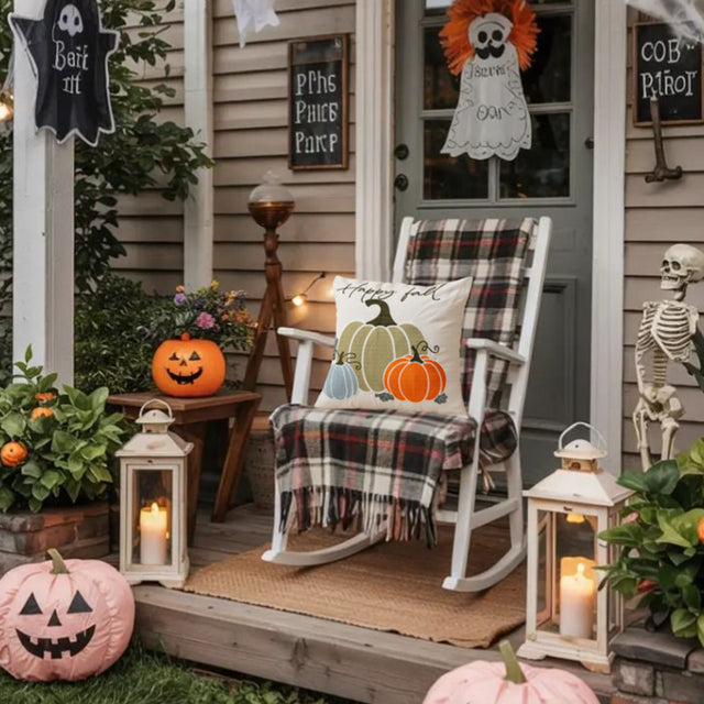 halloween hand-embroidered pumpkin pillowcase on chair
