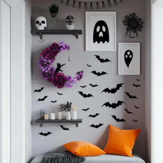 halloween kitten crescent wreath in the living room