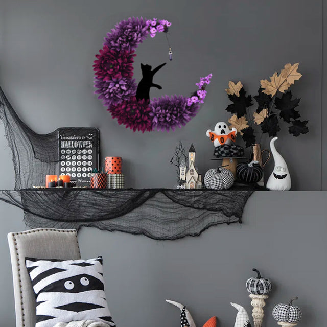 halloween kitten crescent wreath on gray wall