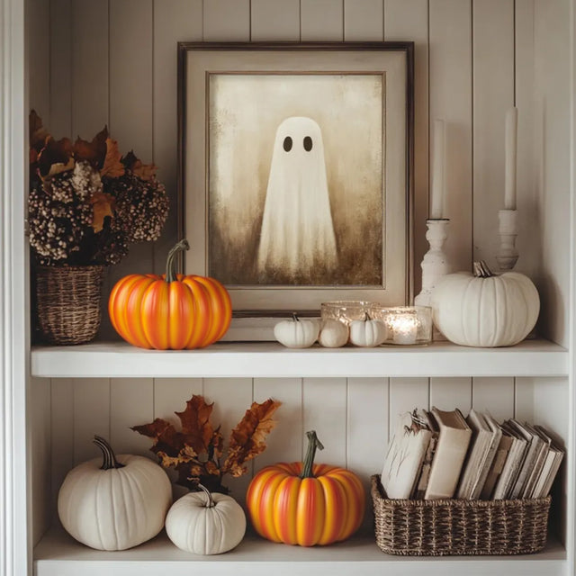 halloween resin pumpkin decor in cabinet