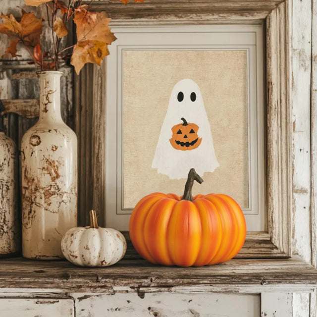 halloween resin pumpkin decor in front of photo