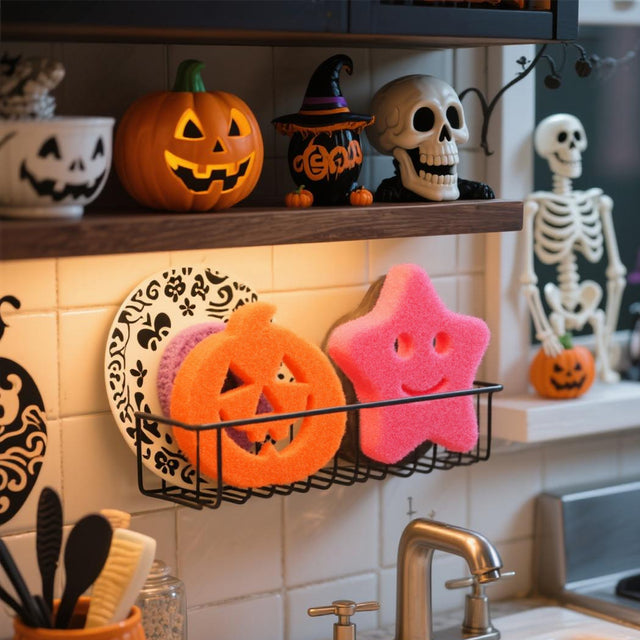 halloween series smiling scrubber sponge in the kitchen