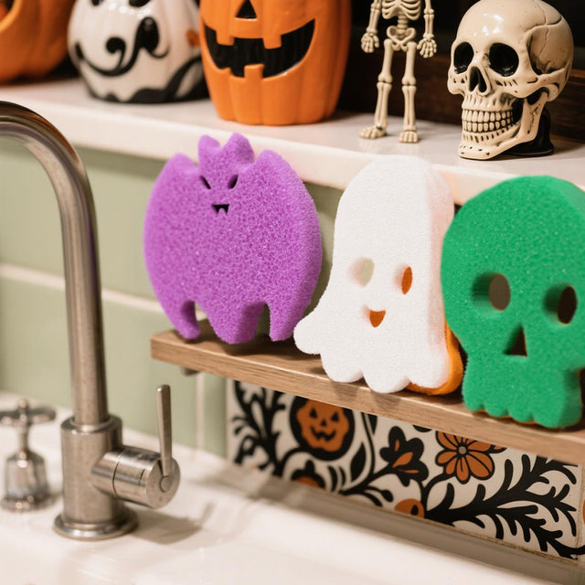 halloween series smiling scrubber sponge on the kitchen shelf